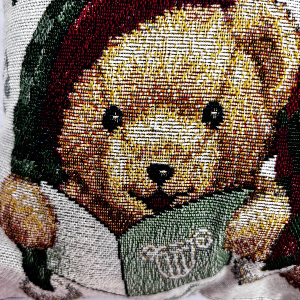 Vintage Christmas Teddy Bear Tapestry‎ Throw Pillow Woven Caroling Bears 12x9